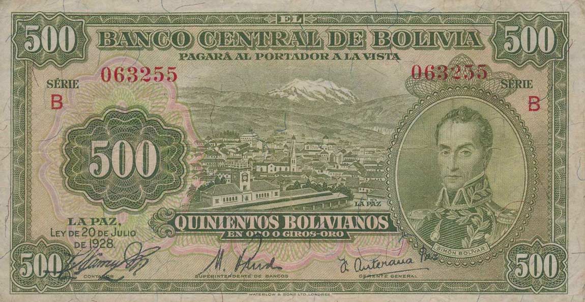 Front of Bolivia p134: 500 Bolivianos from 1928