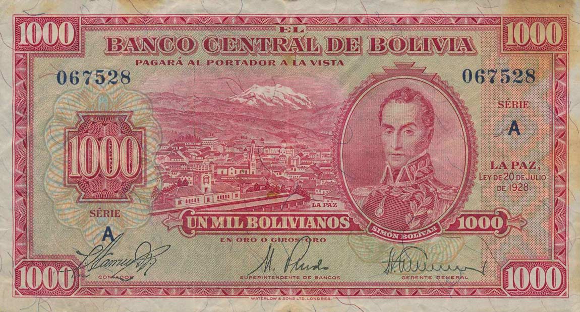 Front of Bolivia p135a: 1000 Bolivianos from 1928