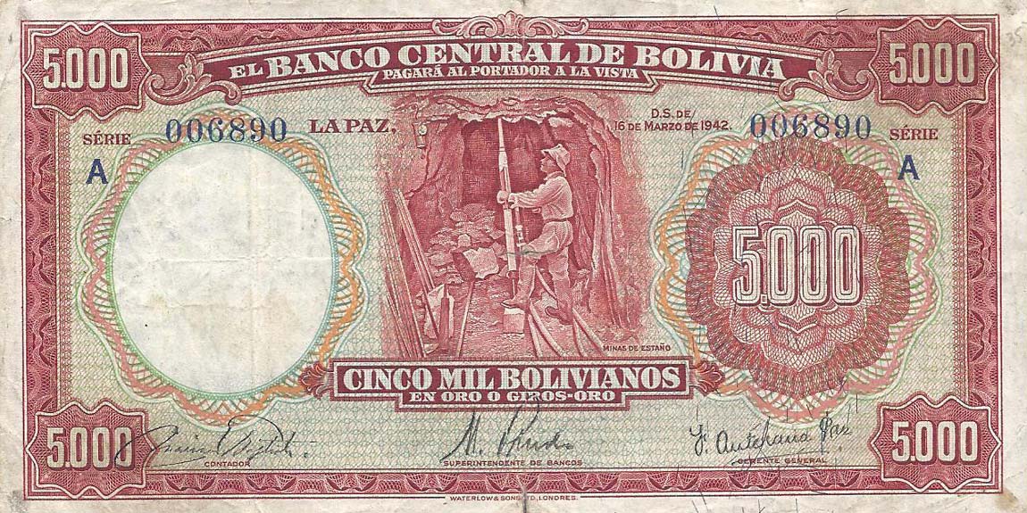 Front of Bolivia p136: 5000 Bolivianos from 1942