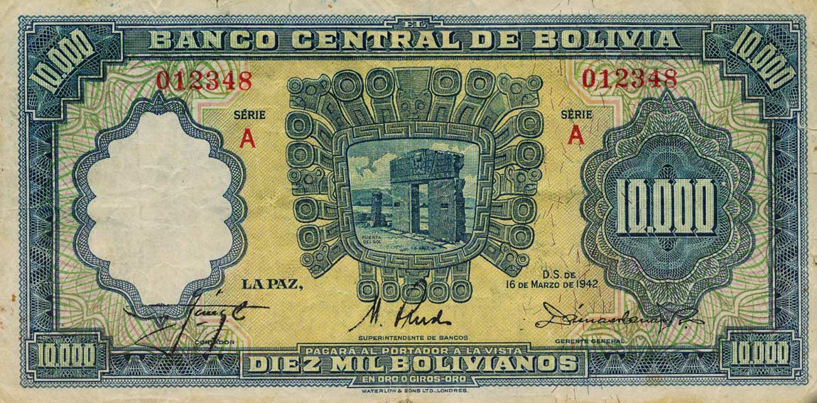 Front of Bolivia p137: 10000 Bolivianos from 1942