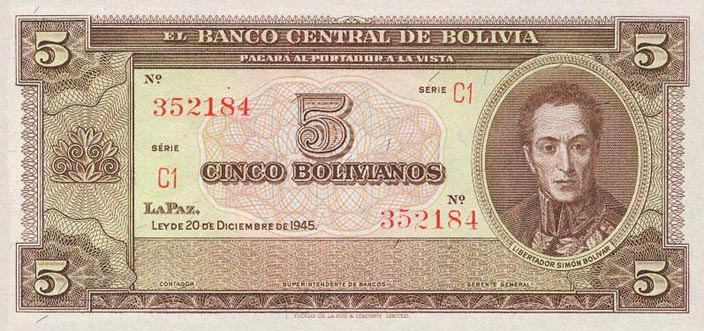 Front of Bolivia p138a: 5 Bolivianos from 1945