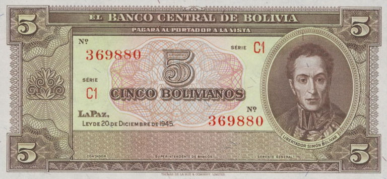 Front of Bolivia p138d: 5 Bolivianos from 1945