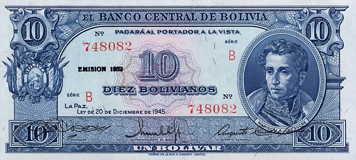 Front of Bolivia p139b: 10 Bolivianos from 1945