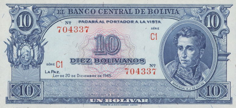 Front of Bolivia p139d: 10 Bolivianos from 1945