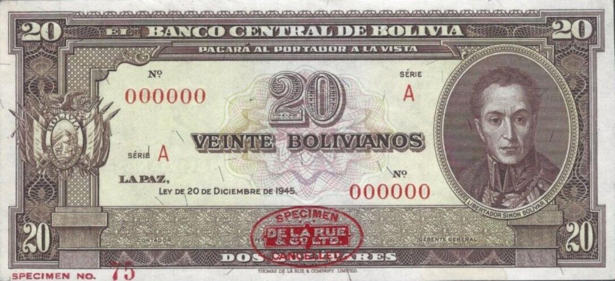 Front of Bolivia p140s: 20 Bolivianos from 1945