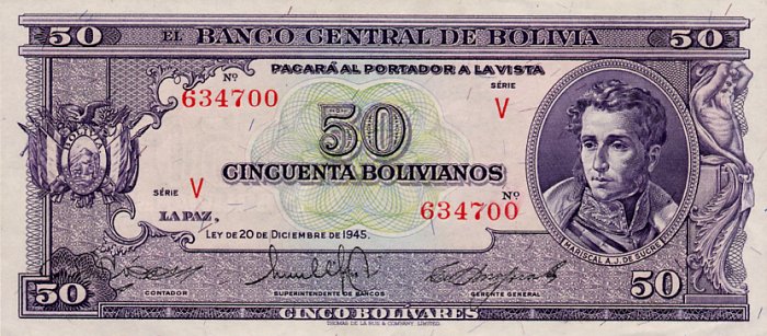 Front of Bolivia p141: 50 Bolivianos from 1945