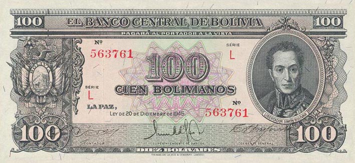 Front of Bolivia p142a: 100 Bolivianos from 1945