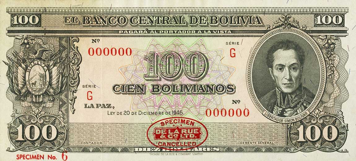 Front of Bolivia p142s: 100 Bolivianos from 1945