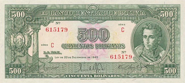 Front of Bolivia p143: 500 Bolivianos from 1945