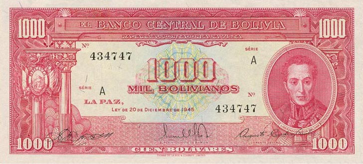 Front of Bolivia p144: 1000 Bolivianos from 1945