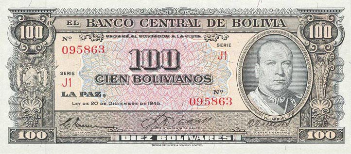 Front of Bolivia p147: 100 Bolivianos from 1945