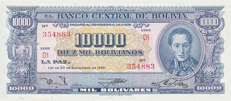 Front of Bolivia p151: 10000 Bolivianos from 1945