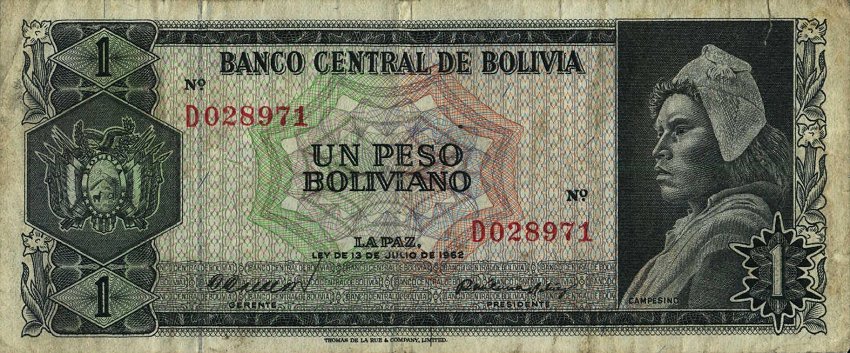 Front of Bolivia p152a: 1 Peso Boliviano from 1962