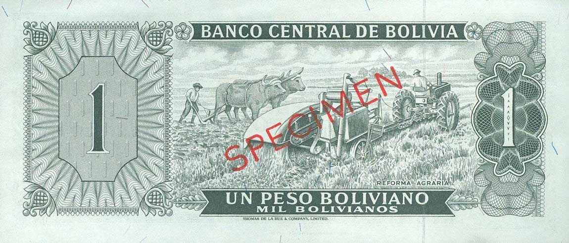 Back of Bolivia p152s: 1 Peso Boliviano from 1962