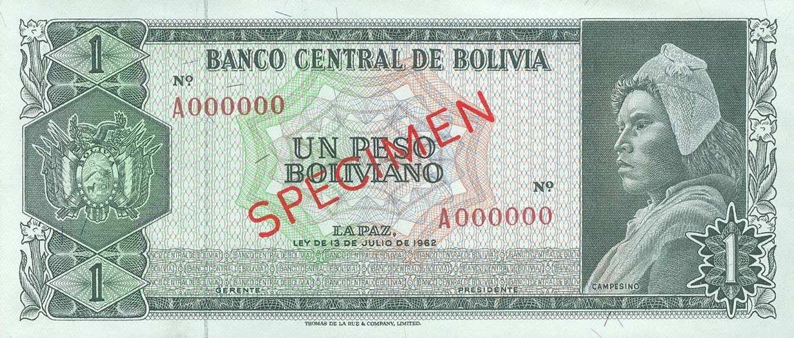Front of Bolivia p152s: 1 Peso Boliviano from 1962