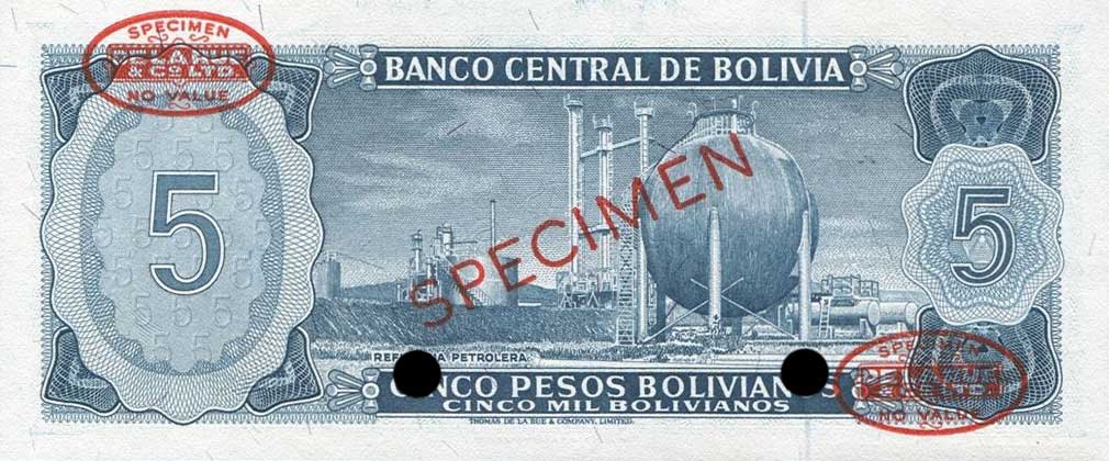 Back of Bolivia p153s: 5 Pesos Bolivianos from 1962