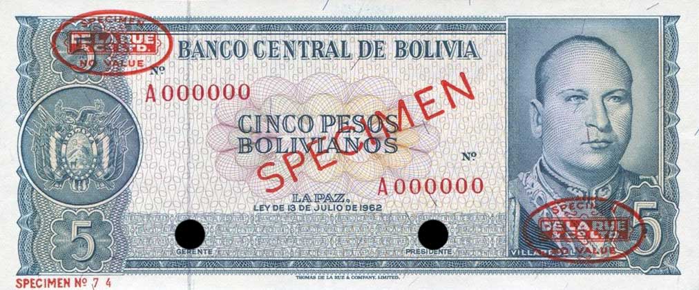 Front of Bolivia p153s: 5 Pesos Bolivianos from 1962