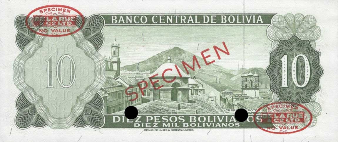 Back of Bolivia p154s2: 10 Pesos Bolivianos from 1962