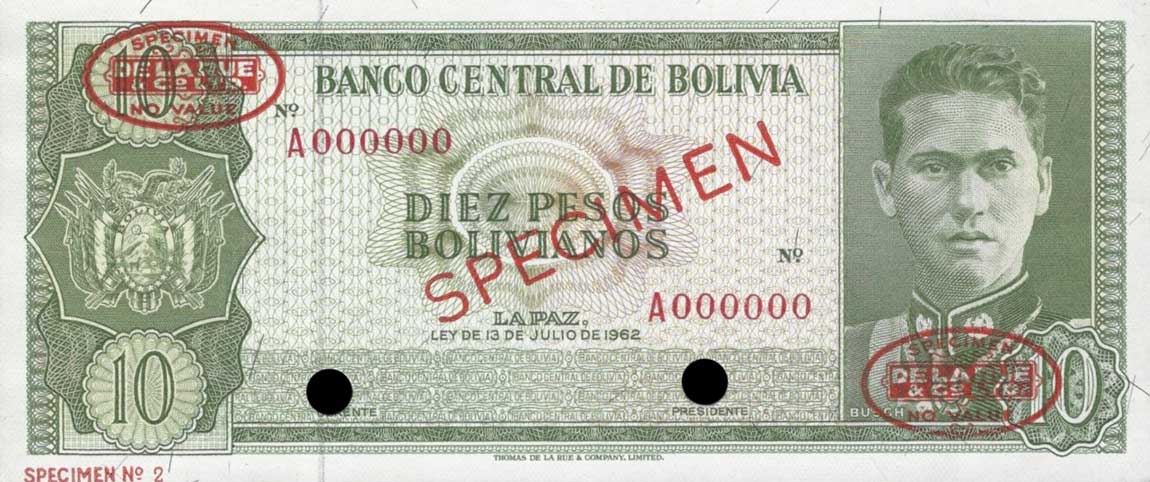 Front of Bolivia p154s2: 10 Pesos Bolivianos from 1962