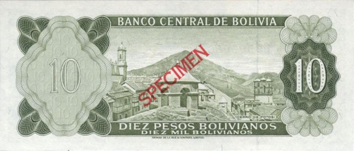 Back of Bolivia p154s3: 10 Pesos Bolivianos from 1962