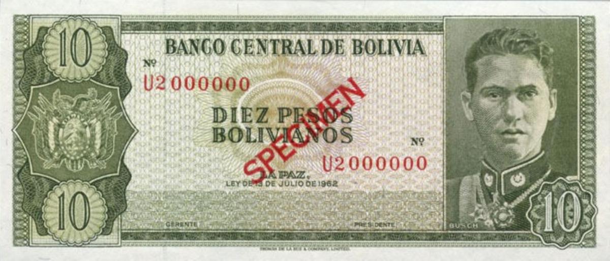 Front of Bolivia p154s3: 10 Pesos Bolivianos from 1962
