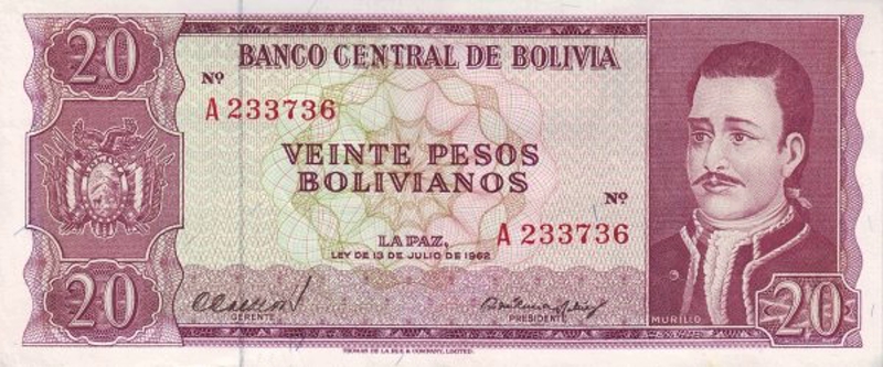 Front of Bolivia p155a: 20 Pesos Bolivianos from 1962