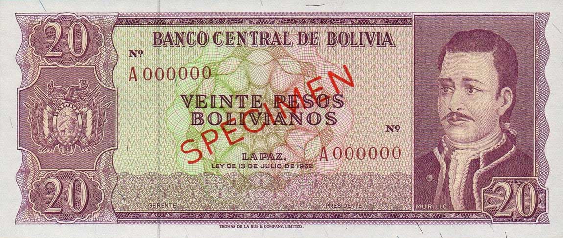 Front of Bolivia p155s: 20 Pesos Bolivianos from 1962