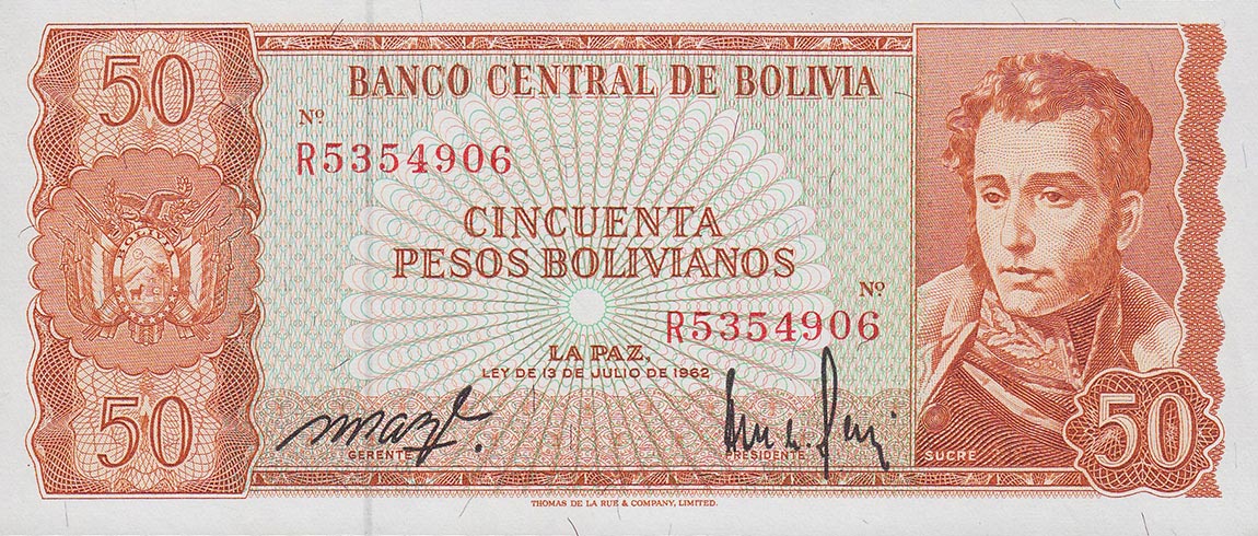 Front of Bolivia p156a: 50 Pesos Bolivianos from 1962
