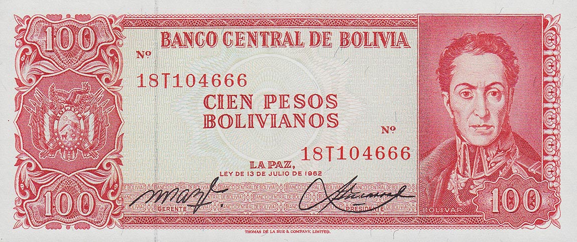Front of Bolivia p157b: 100 Pesos Bolivianos from 1962