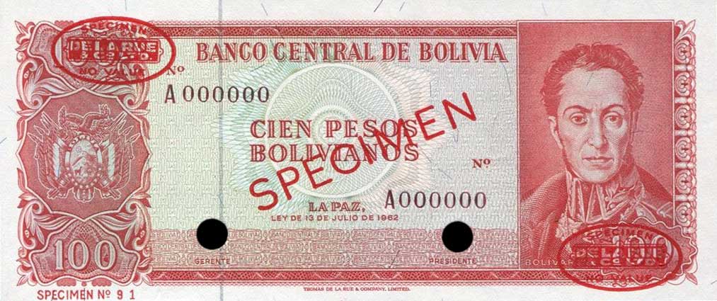 Front of Bolivia p157s: 100 Pesos Bolivianos from 1962