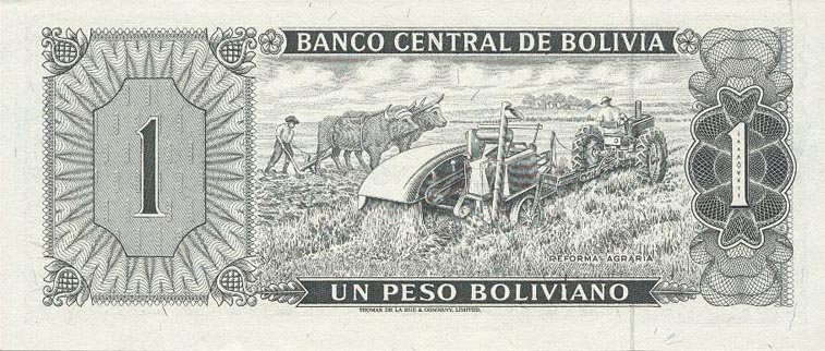 Back of Bolivia p158a: 1 Peso Boliviano from 1962