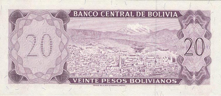 Back of Bolivia p161a: 20 Pesos Bolivianos from 1962