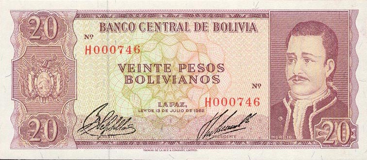 Front of Bolivia p161a: 20 Pesos Bolivianos from 1962