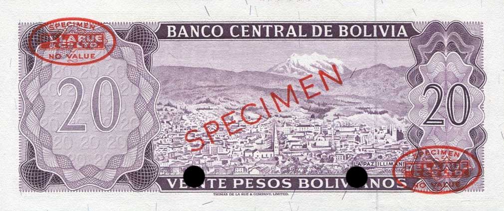 Back of Bolivia p161s: 20 Pesos Bolivianos from 1962