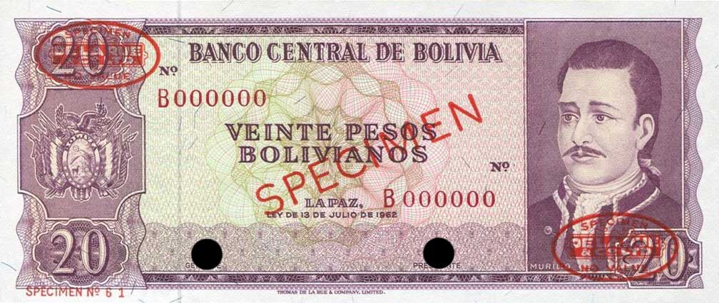 Front of Bolivia p161s: 20 Pesos Bolivianos from 1962