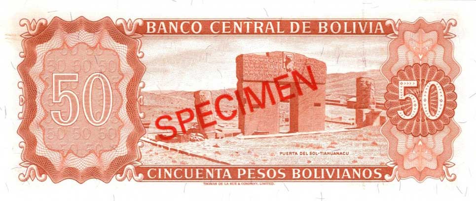 Back of Bolivia p162s1: 50 Pesos Bolivianos from 1962