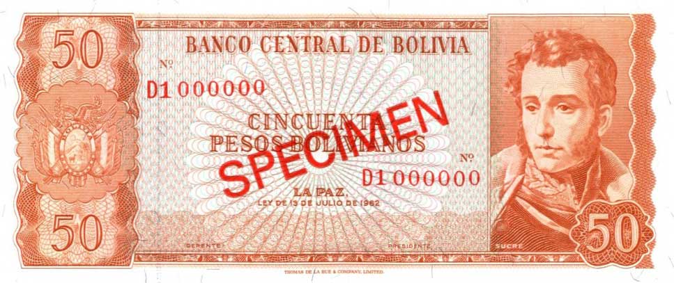 Front of Bolivia p162s1: 50 Pesos Bolivianos from 1962