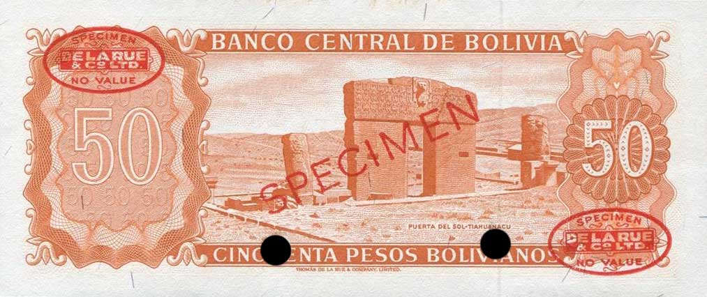Back of Bolivia p162s2: 50 Pesos Bolivianos from 1962
