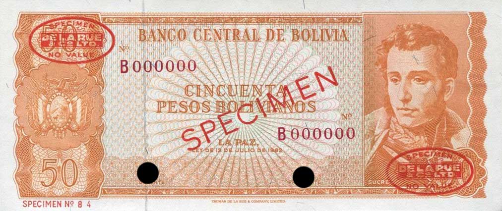 Front of Bolivia p162s2: 50 Pesos Bolivianos from 1962