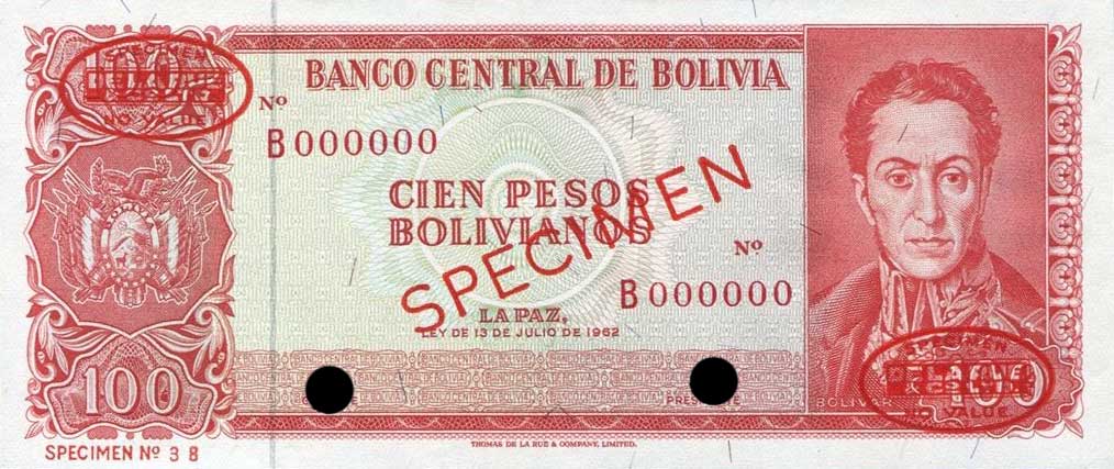 Front of Bolivia p163s: 100 Pesos Bolivianos from 1962