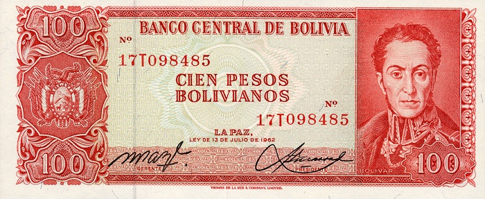 Front of Bolivia p164a: 100 Pesos Bolivianos from 1962