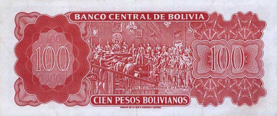 Back of Bolivia p164b: 100 Pesos Bolivianos from 1962