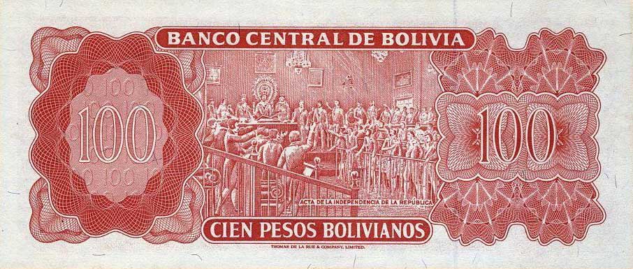 Back of Bolivia p164c: 100 Pesos Bolivianos from 1962