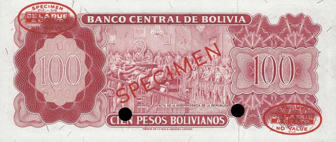 Back of Bolivia p164s: 100 Pesos Bolivianos from 1962