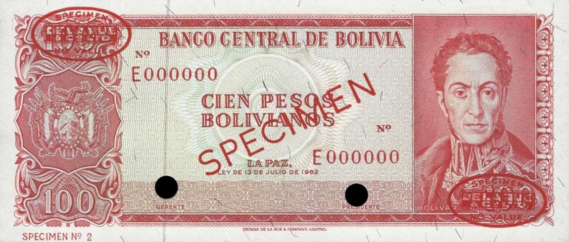 Front of Bolivia p164s: 100 Pesos Bolivianos from 1962