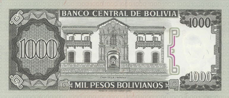 Back of Bolivia p167a: 1000 Pesos Bolivianos from 1982
