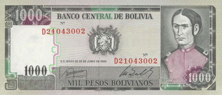 Front of Bolivia p167a: 1000 Pesos Bolivianos from 1982