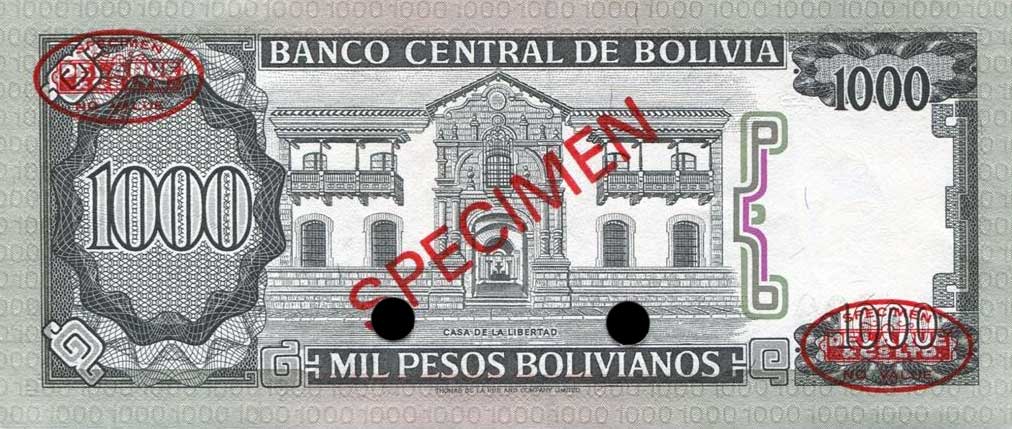 Back of Bolivia p167s: 1000 Pesos Bolivianos from 1982