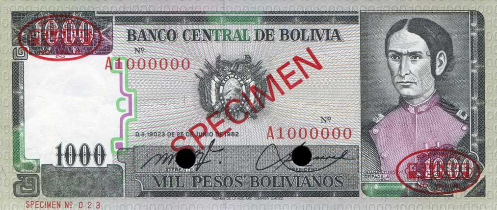 Front of Bolivia p167s: 1000 Pesos Bolivianos from 1982