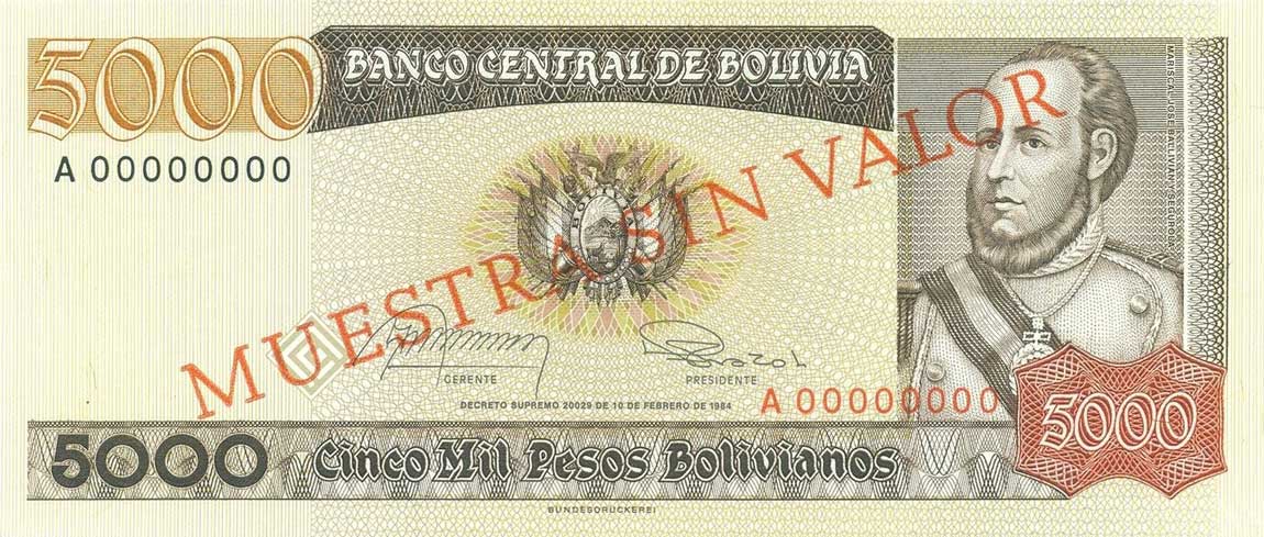 Front of Bolivia p168s1: 5000 Pesos Bolivianos from 1984